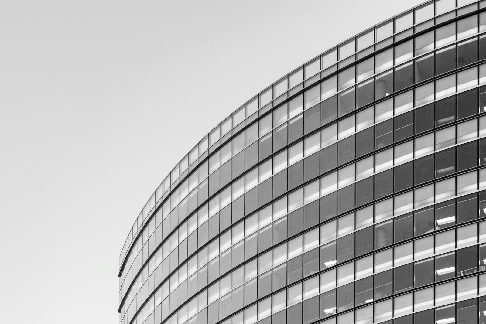 A curved glass office building