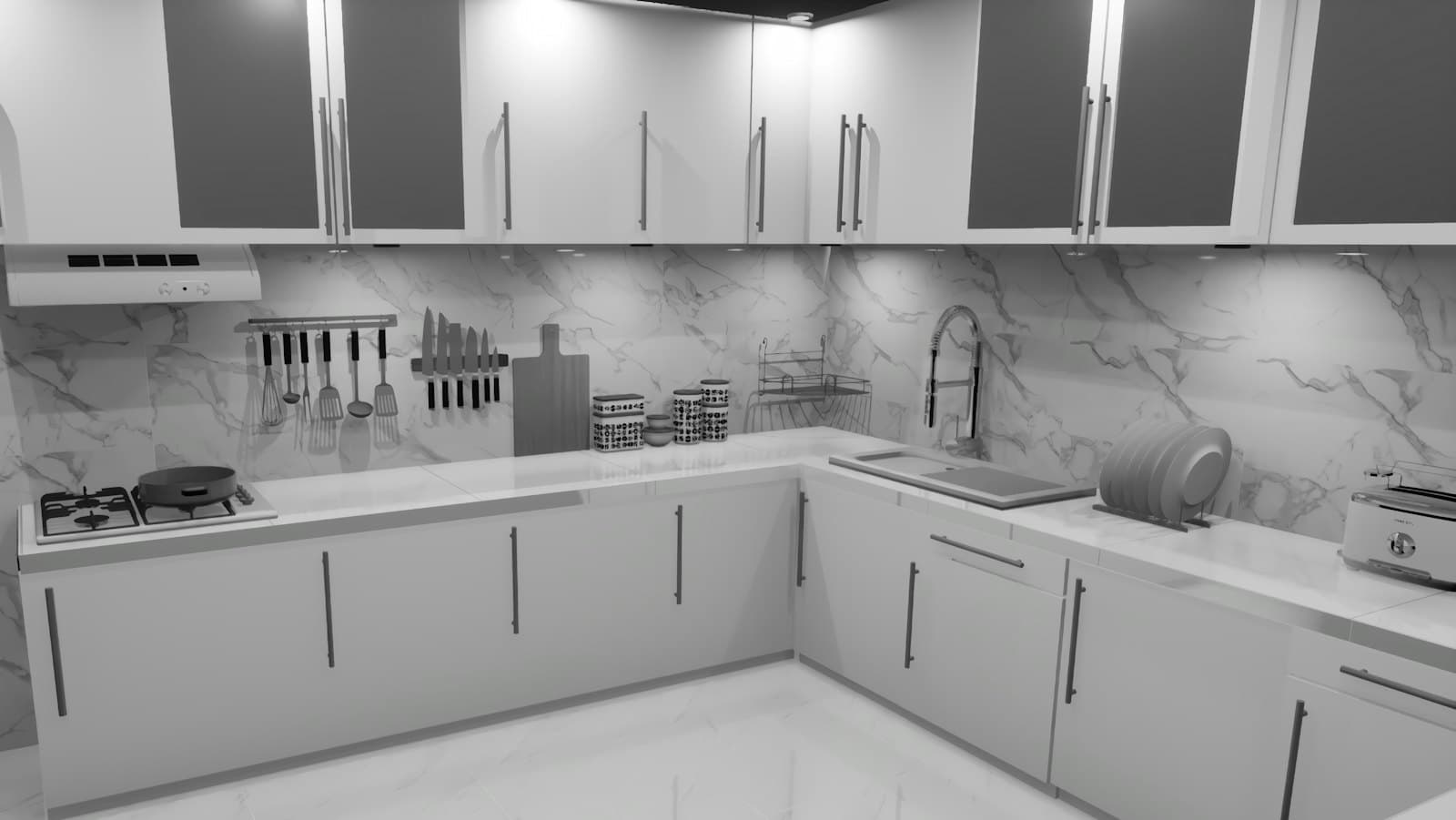 A modern kitchen with marble counters
