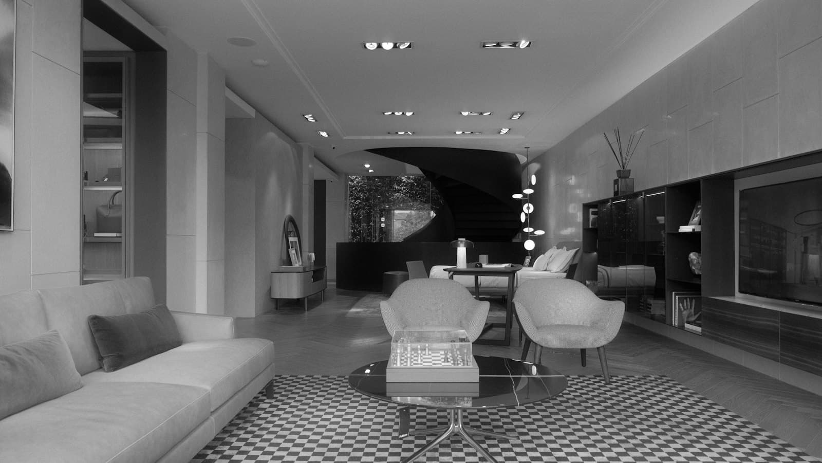 A living room with a wall-mounted television