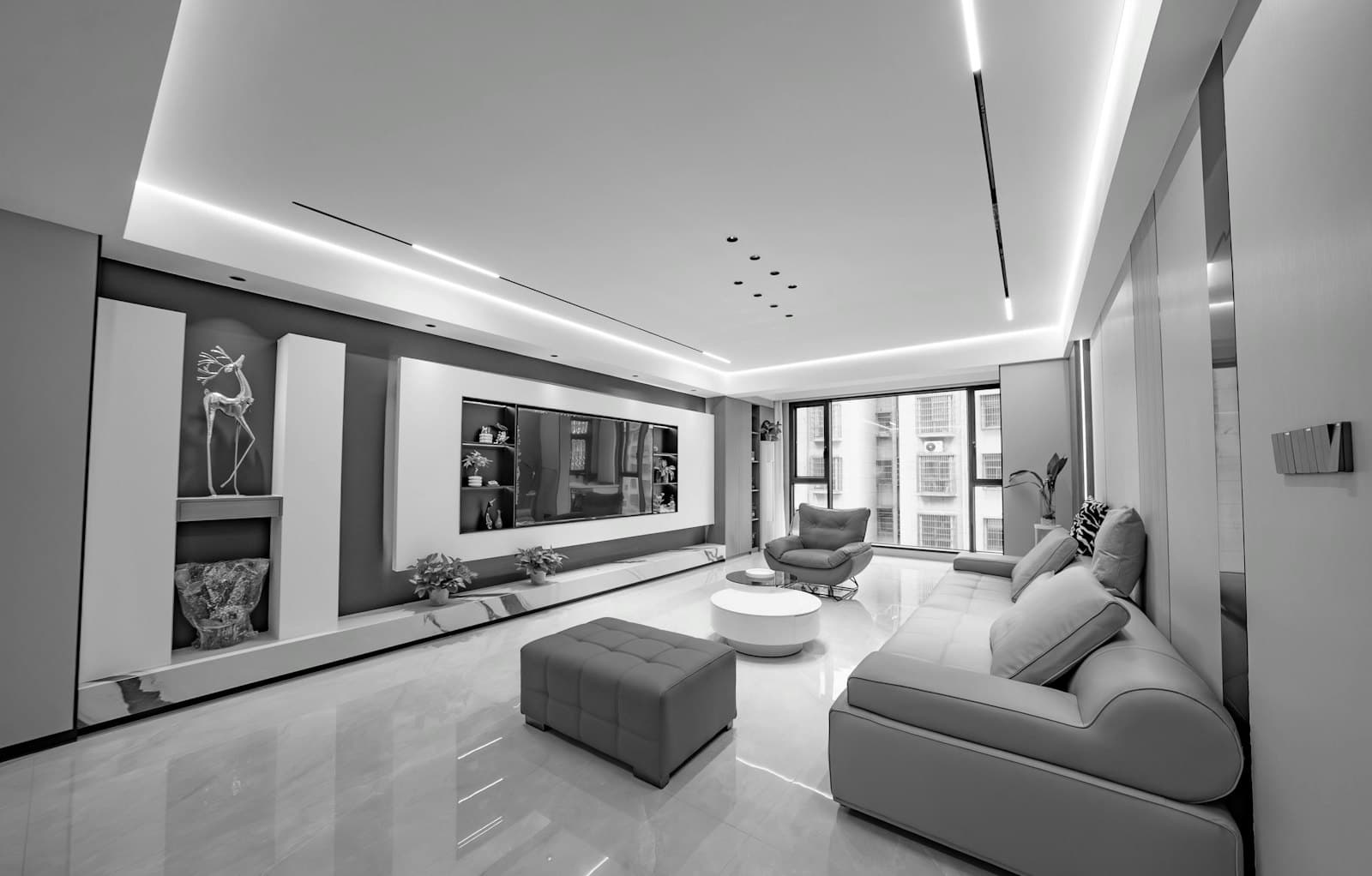 A modern living room with ambient lighting