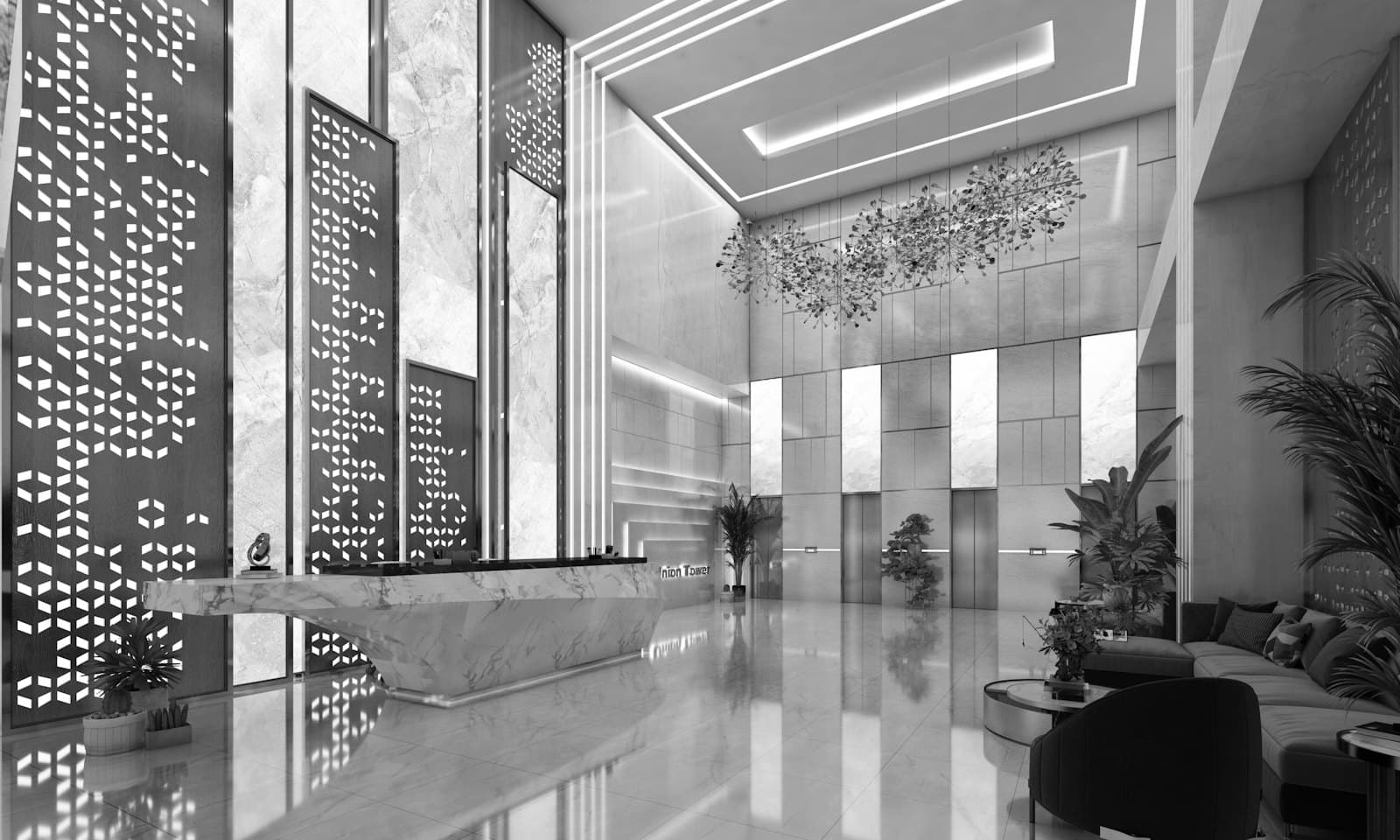 A modern office lobby with a reception desk