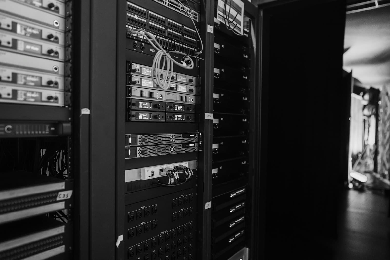 A rack of network and server equipment
